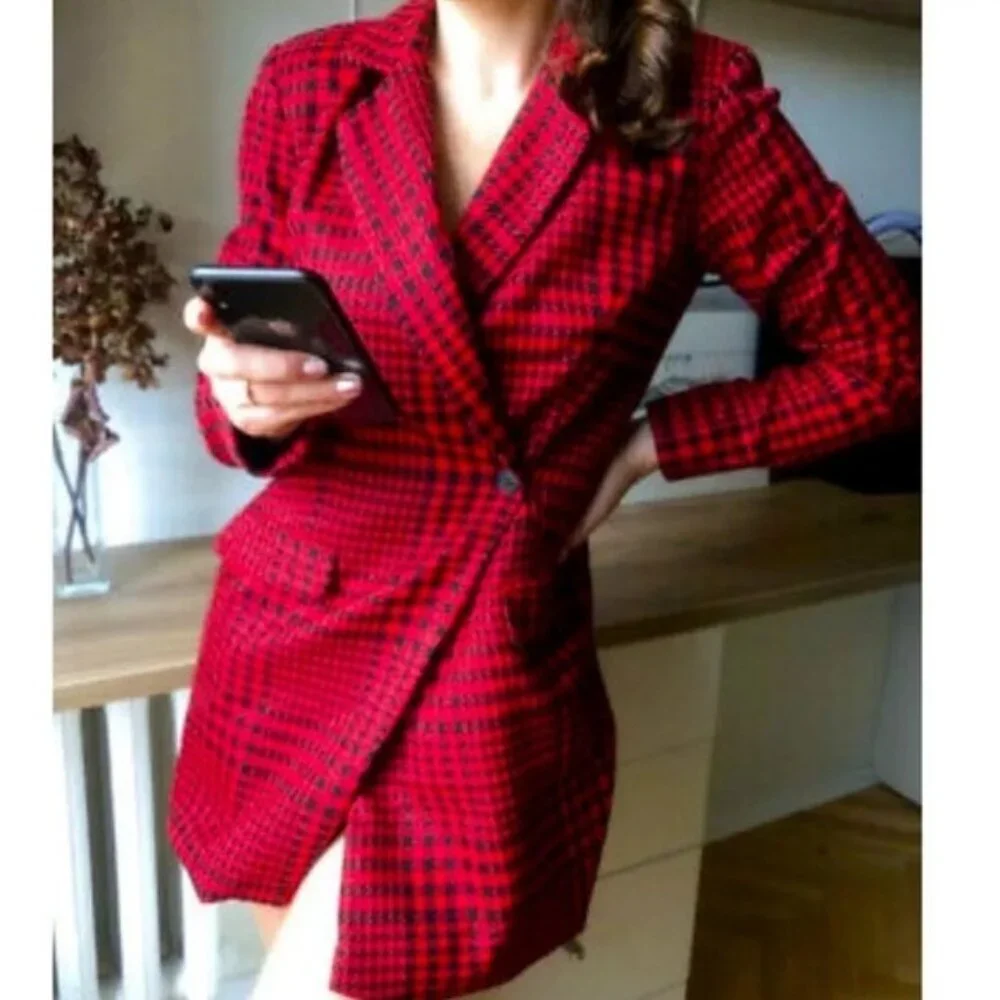 ZARA New ROMANIA MADE Houndstooth‎ Blazer Dress Romper 8342/331 MEDIUM Red Black